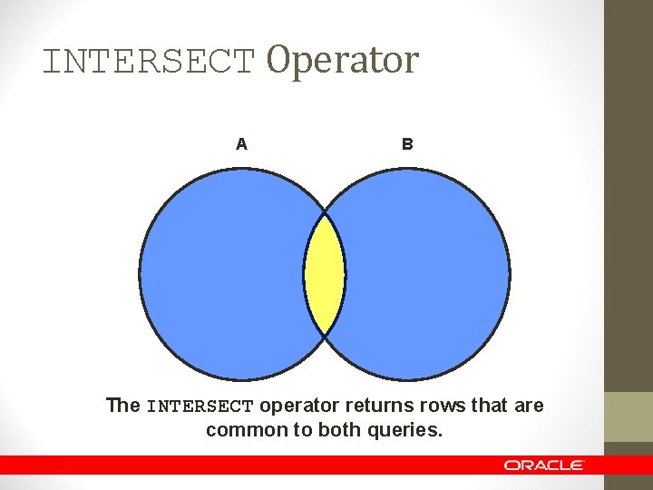 INTERSECT Operator A B The INTERSECT operator returns rows that are common to both
