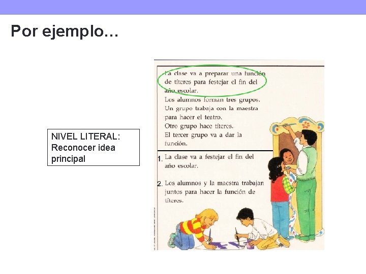 Por ejemplo… NIVEL LITERAL: Reconocer idea principal Por ejemplo… NIVEL LITERAL: Reconocer idea principal