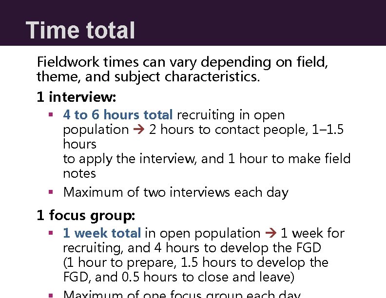 Time total Fieldwork times can vary depending on field, theme, and subject characteristics. 1