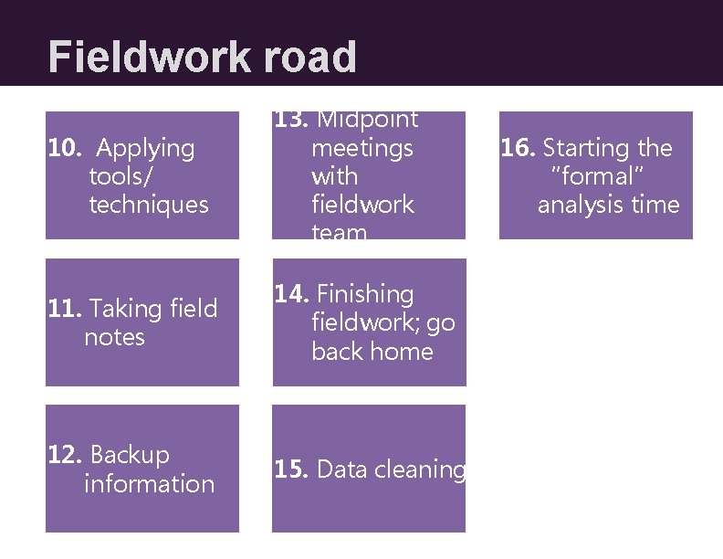 Fieldwork road 10. Applying tools/ techniques 13. Midpoint meetings with fieldwork team 11. Taking