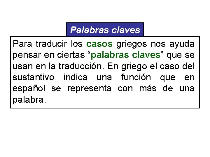 Palabras claves Para traducir los casos griegos nos ayuda pensar en ciertas “palabras claves”
