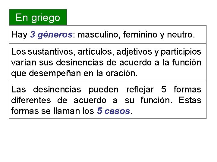 En griego Hay 3 géneros: masculino, feminino y neutro. Los sustantivos, artículos, adjetivos y