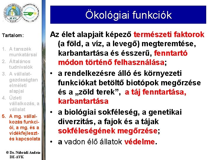 Ökológiai funkciók Tartalom: 1. A tanszék munkatársai 2. Általános tudnivalók 3. A vállalatgazdaságtan elméleti