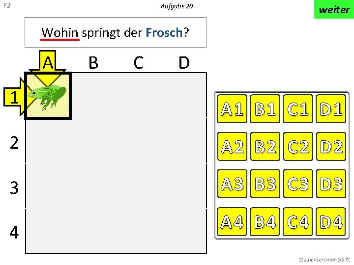 F 2 Aufgabe 20 weiter Wohin springt der Frosch? A 1 B C D