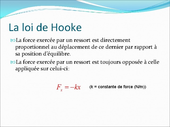 La loi de Hooke La force exercée par un ressort est directement proportionnel au