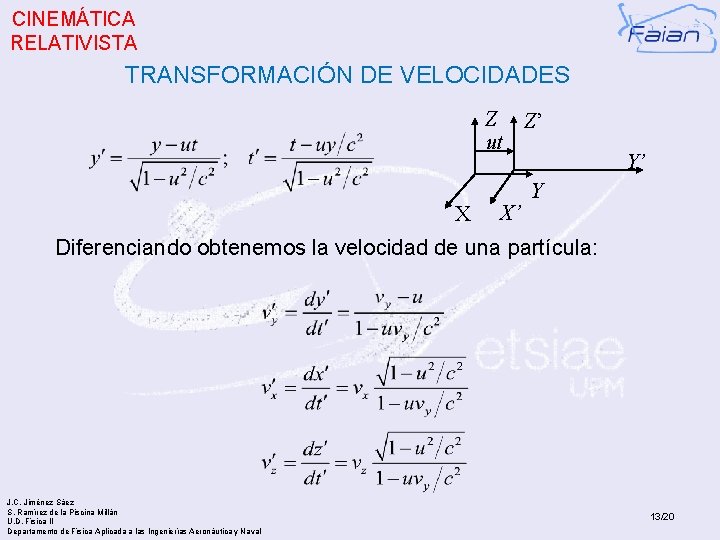 CINEMÁTICA RELATIVISTA TRANSFORMACIÓN DE VELOCIDADES Z Z’ ut X X’ Y’ Y Diferenciando obtenemos