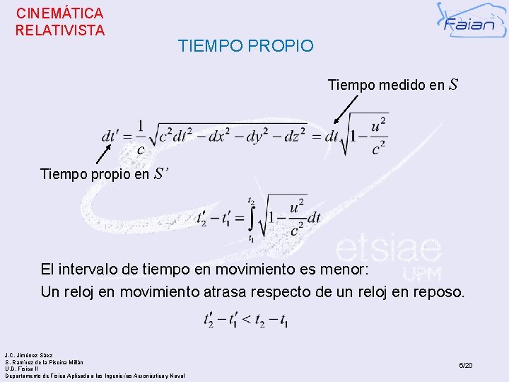 CINEMÁTICA RELATIVISTA TIEMPO PROPIO Tiempo medido en S Tiempo propio en S’ El intervalo