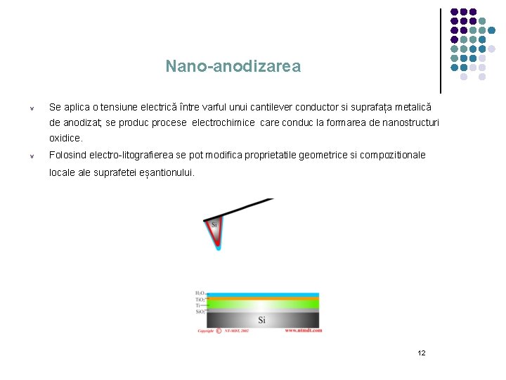 Nano-anodizarea v Se aplica o tensiune electrică între varful unui cantilever conductor si suprafața