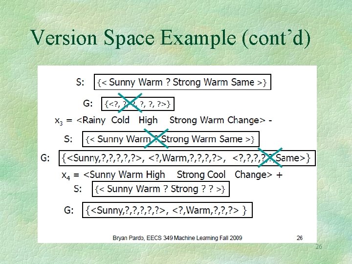 Version Space Example (cont’d) 26 