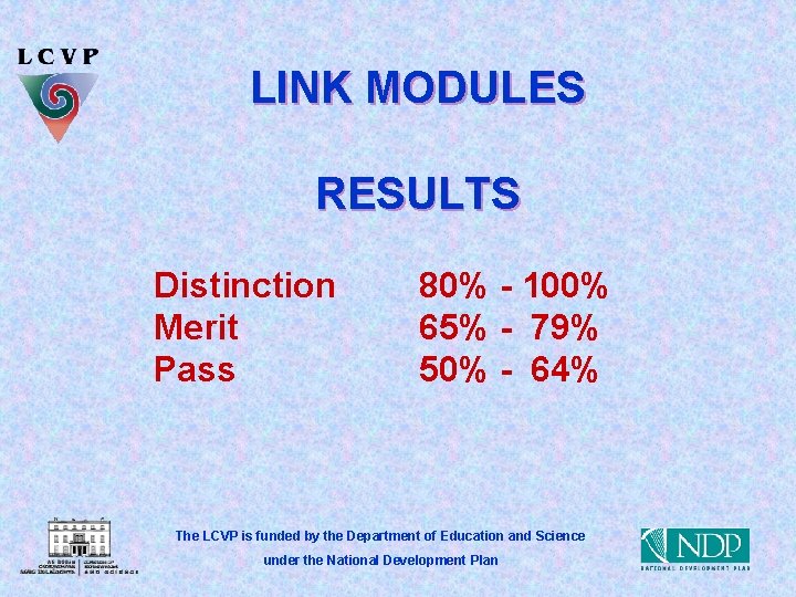 LINK MODULES RESULTS Distinction Merit Pass 80% - 100% 65% - 79% 50% -