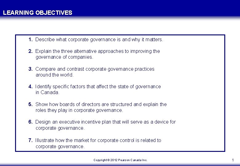 LEARNING OBJECTIVES 1. Describe what corporate governance is and why it matters. 2. Explain