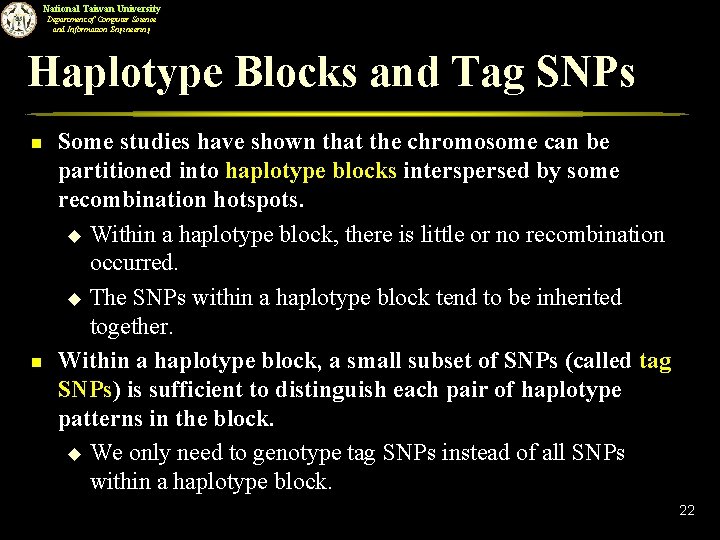 National Taiwan University Department of Computer Science and Information Engineering Haplotype Blocks and Tag