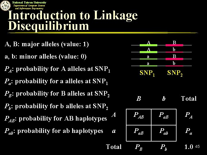 National Taiwan University Department of Computer Science and Information Engineering Introduction to Linkage Disequilibrium