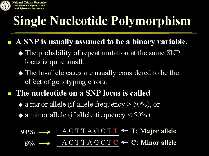 National Taiwan University Department of Computer Science and Information Engineering Single Nucleotide Polymorphism n