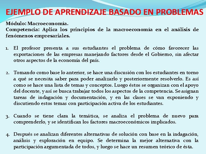 EJEMPLO DE APRENDIZAJE BASADO EN PROBLEMAS Módulo: Macroeconomía. Competencia: Aplica los principios de la