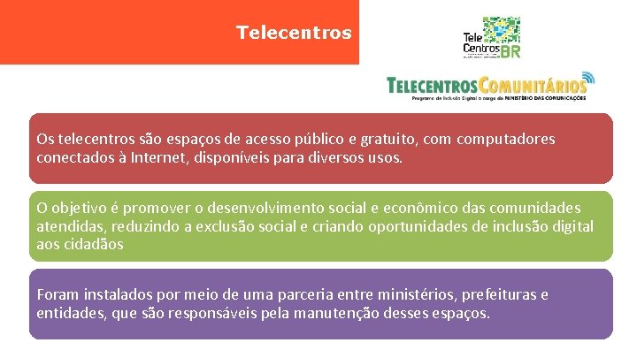 Telecentros Os telecentros são espaços de acesso público e gratuito, computadores conectados à Internet,