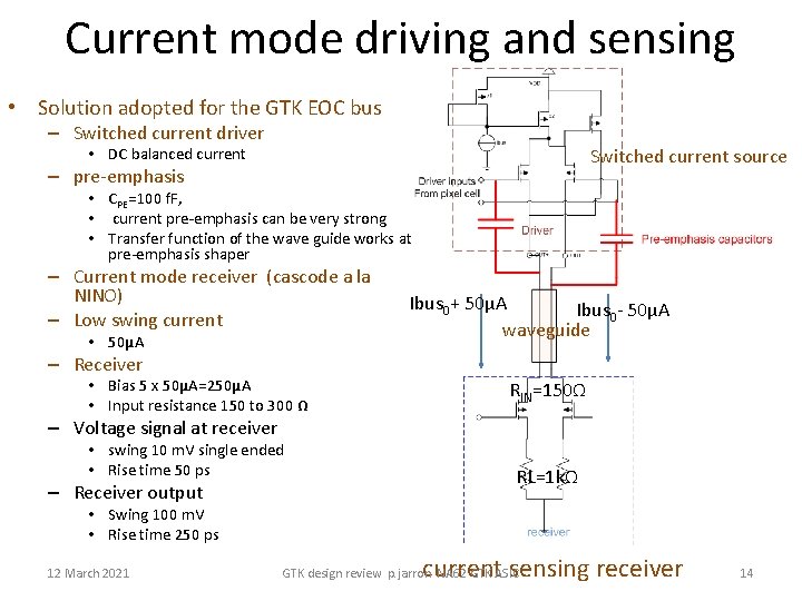 Current mode driving and sensing • Solution adopted for the GTK EOC bus –