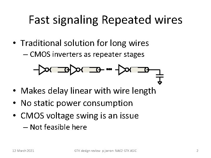Fast signaling Repeated wires • Traditional solution for long wires – CMOS inverters as