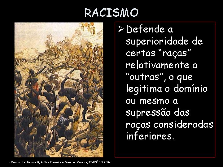 RACISMO Ø Defende a superioridade de certas “raças” relativamente a “outras”, o que legitima