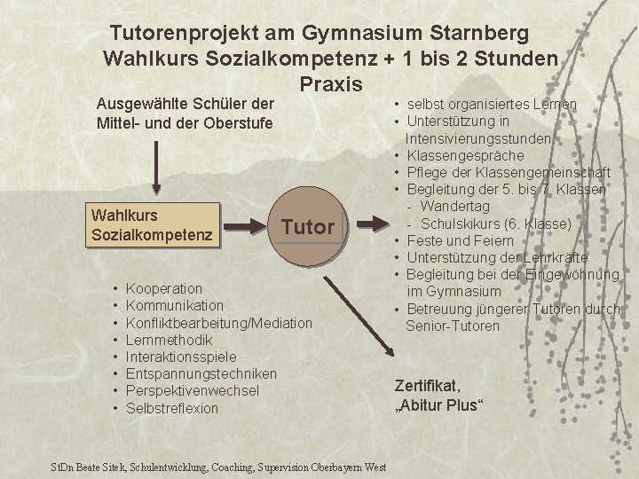 Tutorenprojekt am Gymnasium Starnberg Wahlkurs Sozialkompetenz + 1 bis 2 Stunden Praxis Ausgewählte Schüler