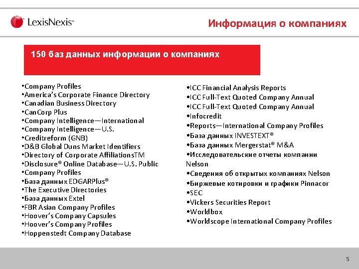 Информация о компаниях 150 баз данных информации о компаниях • Company Profiles • America’s