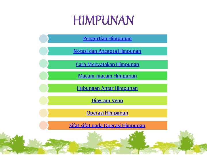 Pengertian Himpunan Notasi dan Anggota Himpunan Cara Menyatakan Himpunan Macam-macam Himpunan Hubungan Antar Himpunan