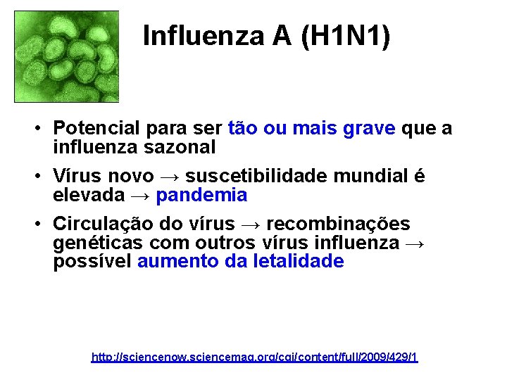 Influenza A (H 1 N 1) • Potencial para ser tão ou mais grave