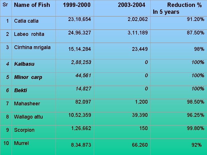 Sr Name of Fish 1999 -2000 2003 -2004 Reduction % In 5 years 1