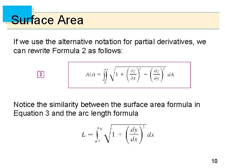 Surface Area If we use the alternative notation for partial derivatives, we can rewrite