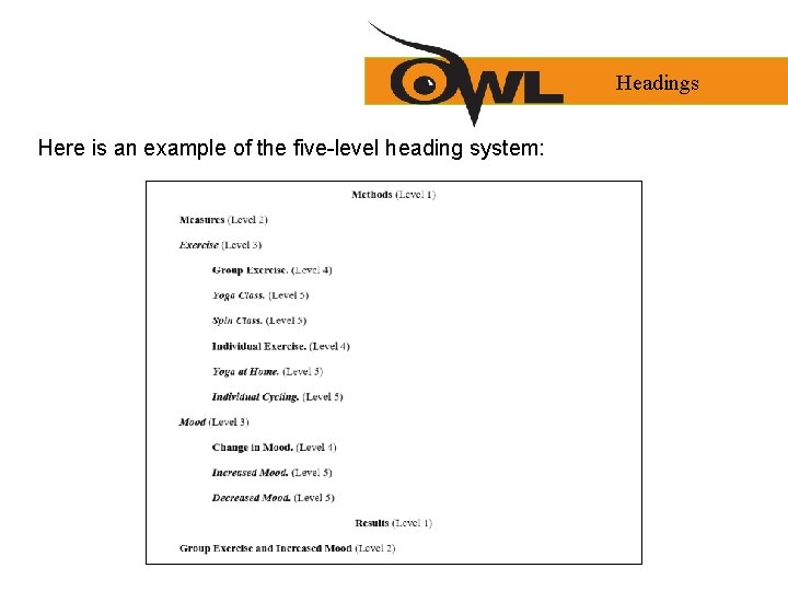 Headings Here is an example of the five-level heading system: 