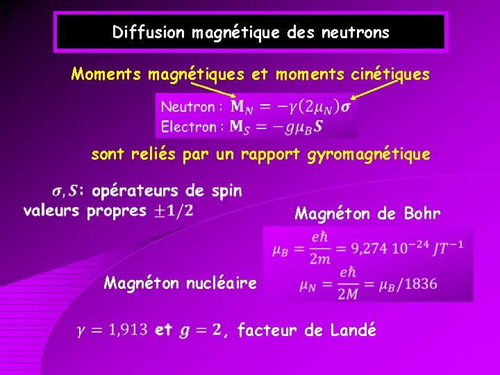 Diffusion magnétique des neutrons Moments magnétiques et moments cinétiques sont reliés par un rapport