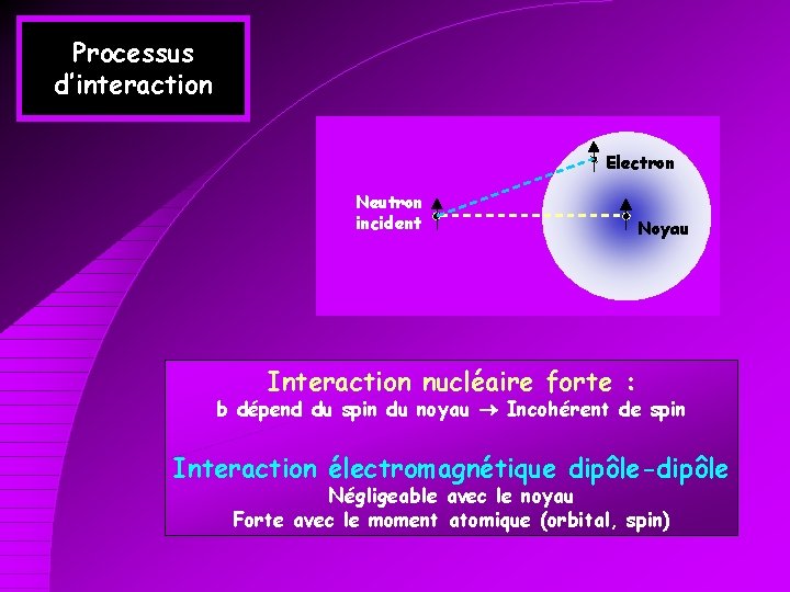 Processus d’interaction Electron Neutron incident Noyau Interaction nucléaire forte : b dépend du spin