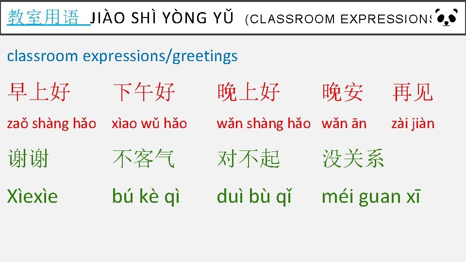 教室用语 JIÀO SHÌ YÒNG YǓ (CLASSROOM EXPRESSIONS) classroom expressions/greetings 早上好 下午好 晚上好 晚安 再见