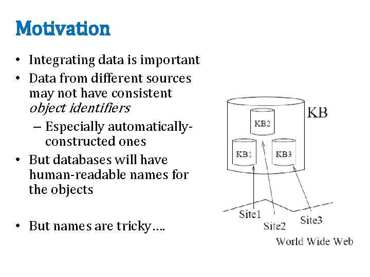 Motivation • Integrating data is important • Data from different sources may not have