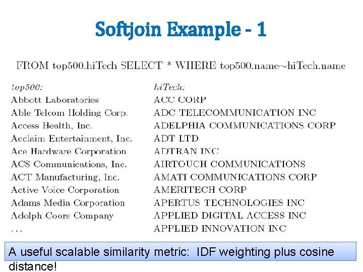 Softjoin Example - 1 A useful scalable similarity metric: IDF weighting plus cosine distance!