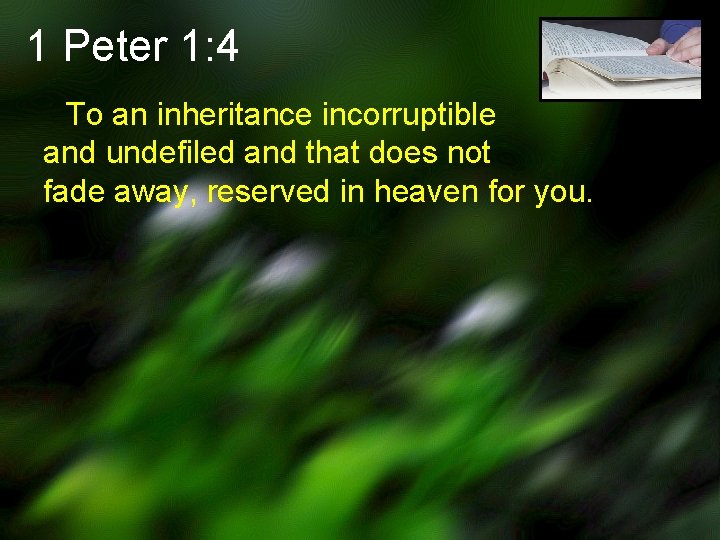 1 Peter 1: 4 To an inheritance incorruptible and undefiled and that does not