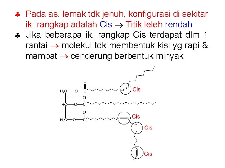  Pada as. lemak tdk jenuh, konfigurasi di sekitar ik. rangkap adalah Cis Titik