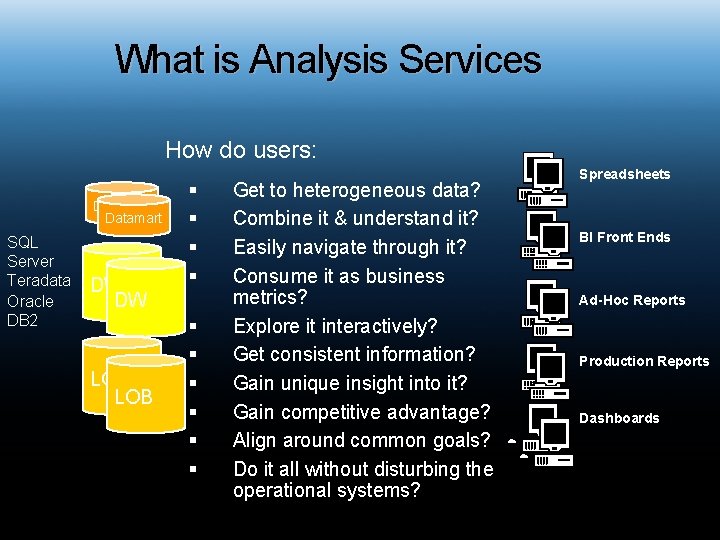 What is Analysis Services How do users: Datamart SQL Server Teradata Oracle DB 2