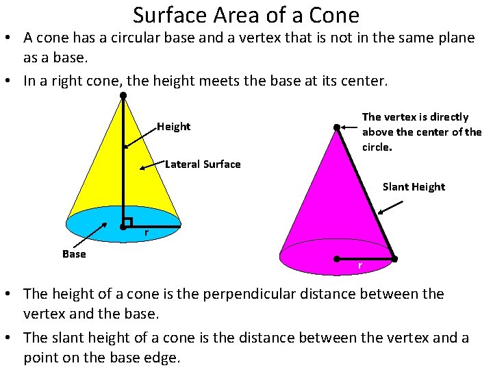 Surface Area of a Cone • A cone has a circular base and a
