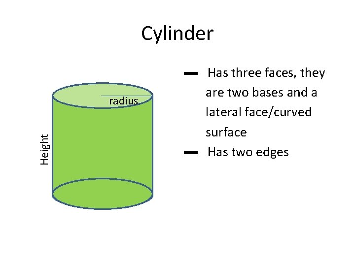 Cylinder Height radius ▬ Has three faces, they are two bases and a lateral