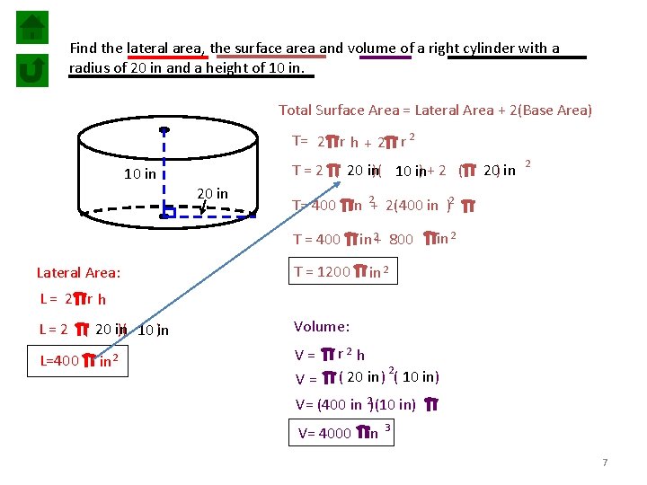 Find the lateral area, the surface area and volume of a right cylinder with