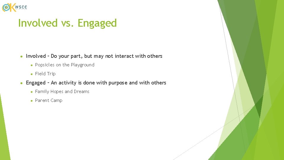 Involved vs. Engaged ● ● Involved – Do your part, but may not interact