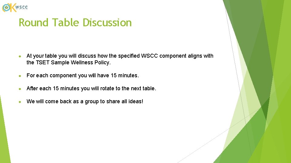 Round Table Discussion ● At your table you will discuss how the specified WSCC