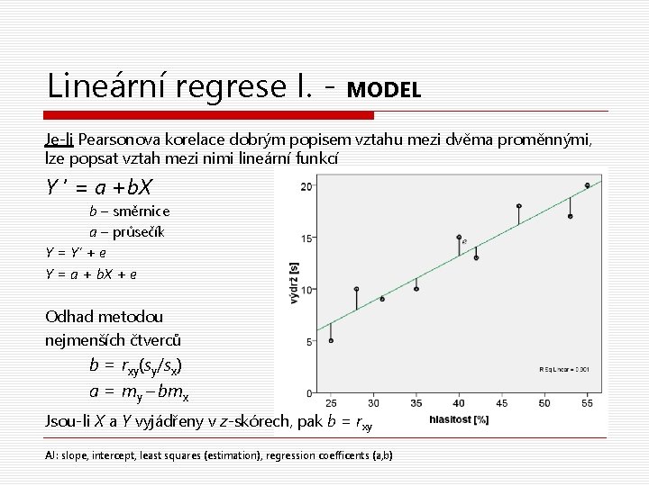 Lineární regrese I. - MODEL Je-li Pearsonova korelace dobrým popisem vztahu mezi dvěma proměnnými,