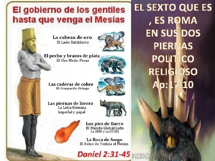 EL SEXTO QUE ES , ES ROMA EN SUS DOS PIERNAS POLITICO RELIGIOSO Ap: