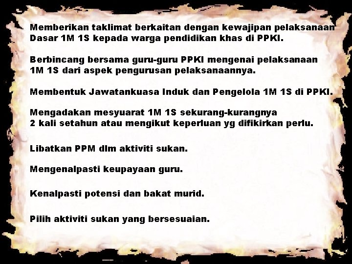 Memberikan taklimat berkaitan dengan kewajipan pelaksanaan Dasar 1 M 1 S kepada warga pendidikan Memberikan taklimat berkaitan dengan kewajipan pelaksanaan Dasar 1 M 1 S kepada warga pendidikan