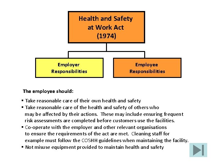Health and Safety at Work Act (1974) Employer Responsibilities Employee Responsibilities The employee should: