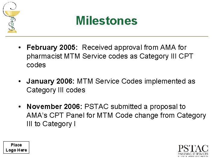 Milestones • February 2005: Received approval from AMA for pharmacist MTM Service codes as