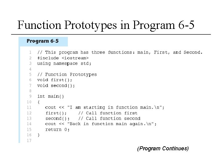Function Prototypes in Program 6 -5 (Program Continues) 