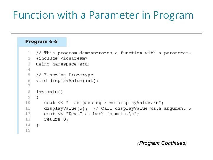 Function with a Parameter in Program (Program Continues) 